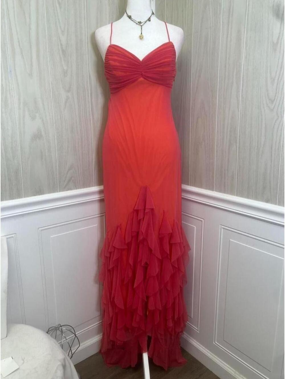 Orange Y2K era ruffle maxi dress by Mary L